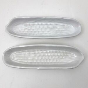 Lillian Vernon China Embossed Corn on the Cob Dishes Serving Boat Set of 2 White